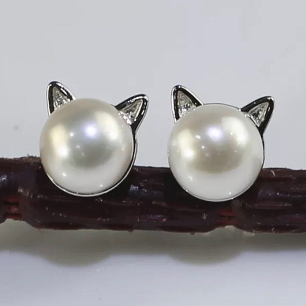 NEW 925 Sterling Silver‎ 8 mm Natural Pearl Stud Earrings Cat Shaped